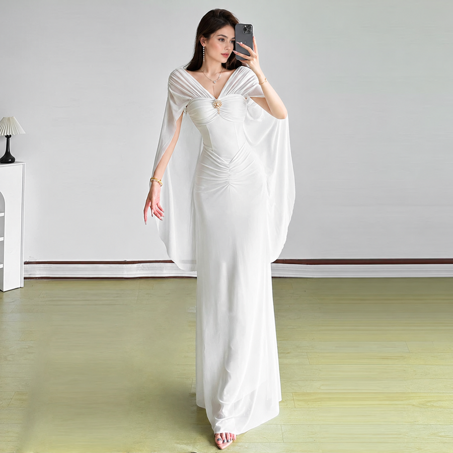 Draped Convertible Mesh Evening Maxi Dress