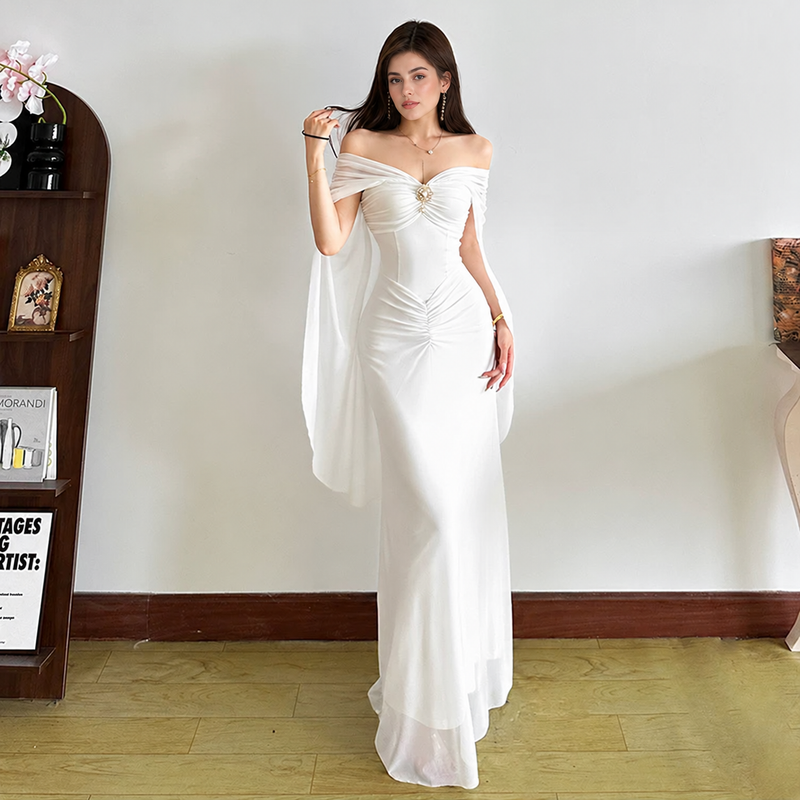 Draped Convertible Mesh Evening Maxi Dress - White