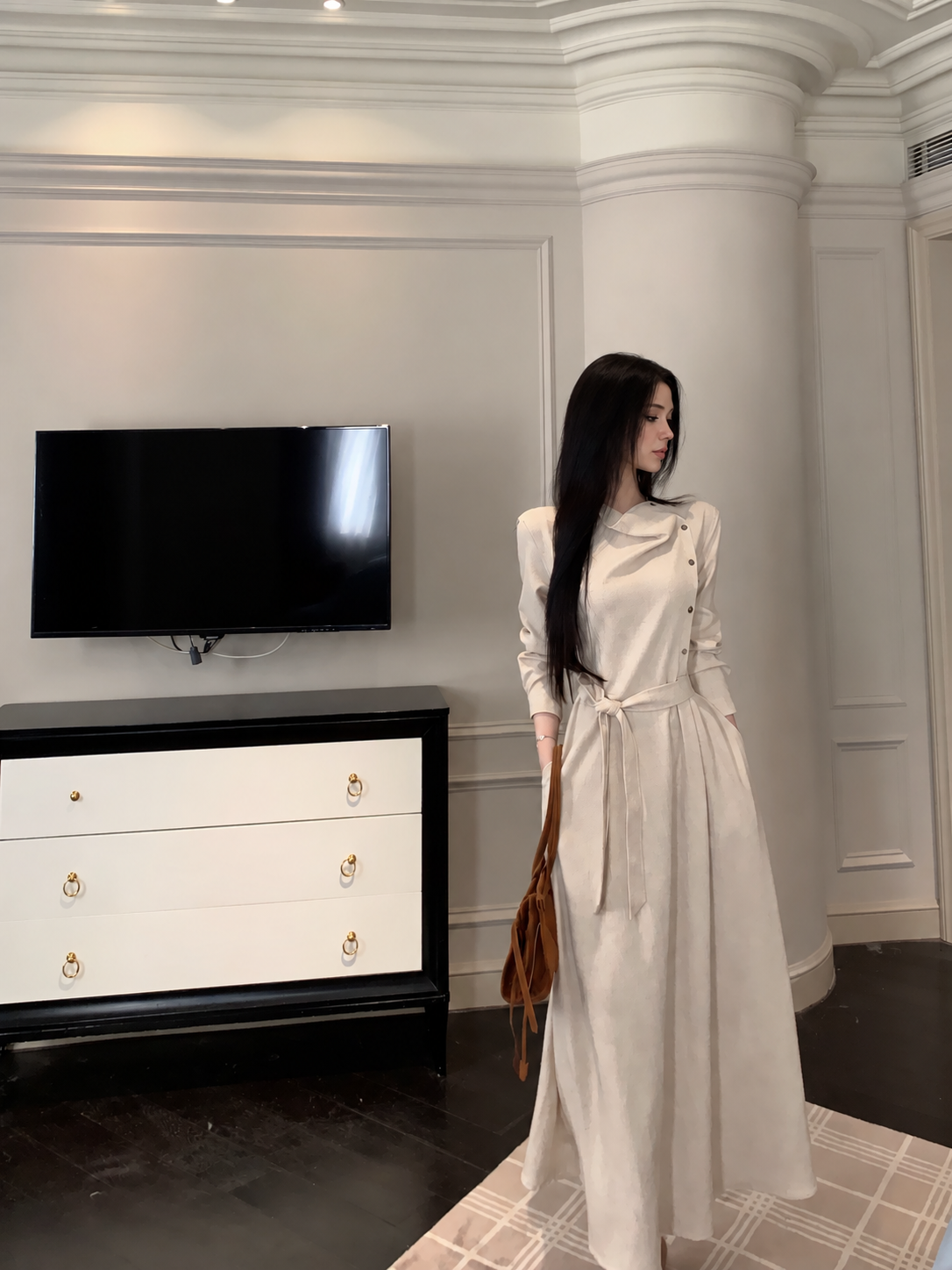 Apricot Belted Long-Sleeve Trench-Style Midi Dress, apricot, front view
