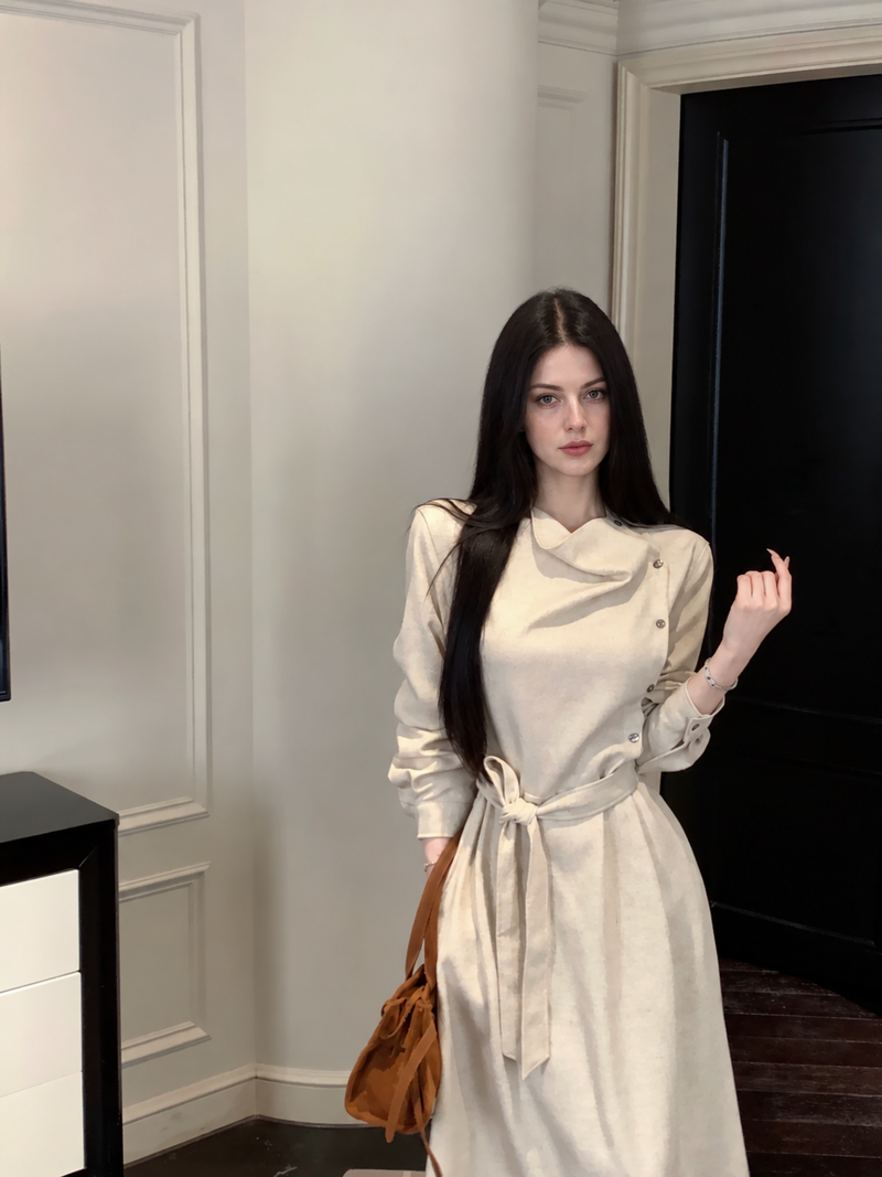 Apricot Belted Long-Sleeve Trench-Style Midi Dress, apricot, additional view