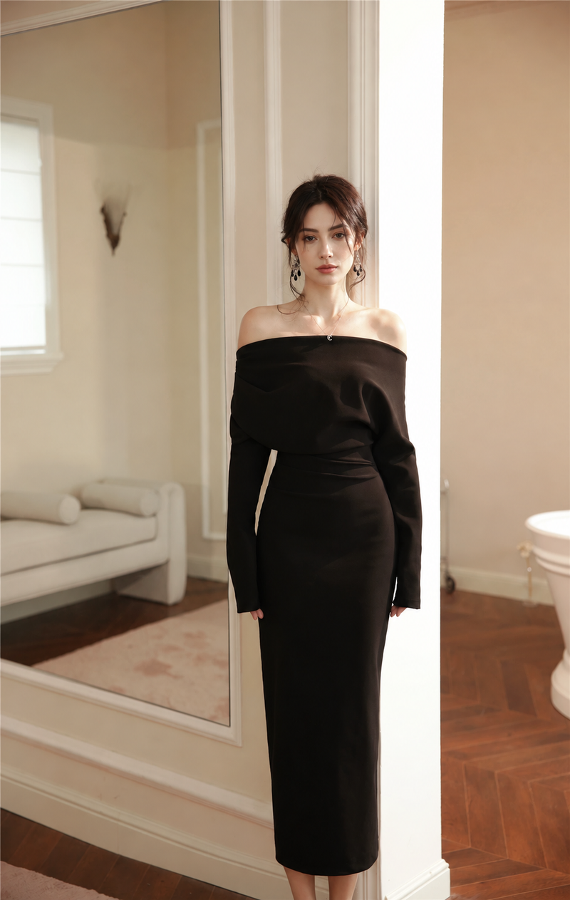 Long-Sleeve Ruched Cocktail Dress - Multiple Styles - Black / Off-Shoulder Long