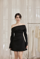 Long-Sleeve Ruched Cocktail Dress - Multiple Styles - Black / Off-Shoulder Mini