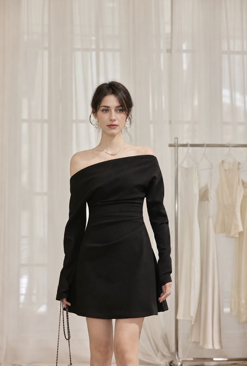 Long-Sleeve Ruched Cocktail Dress - Multiple Styles - Black / Off-Shoulder Mini