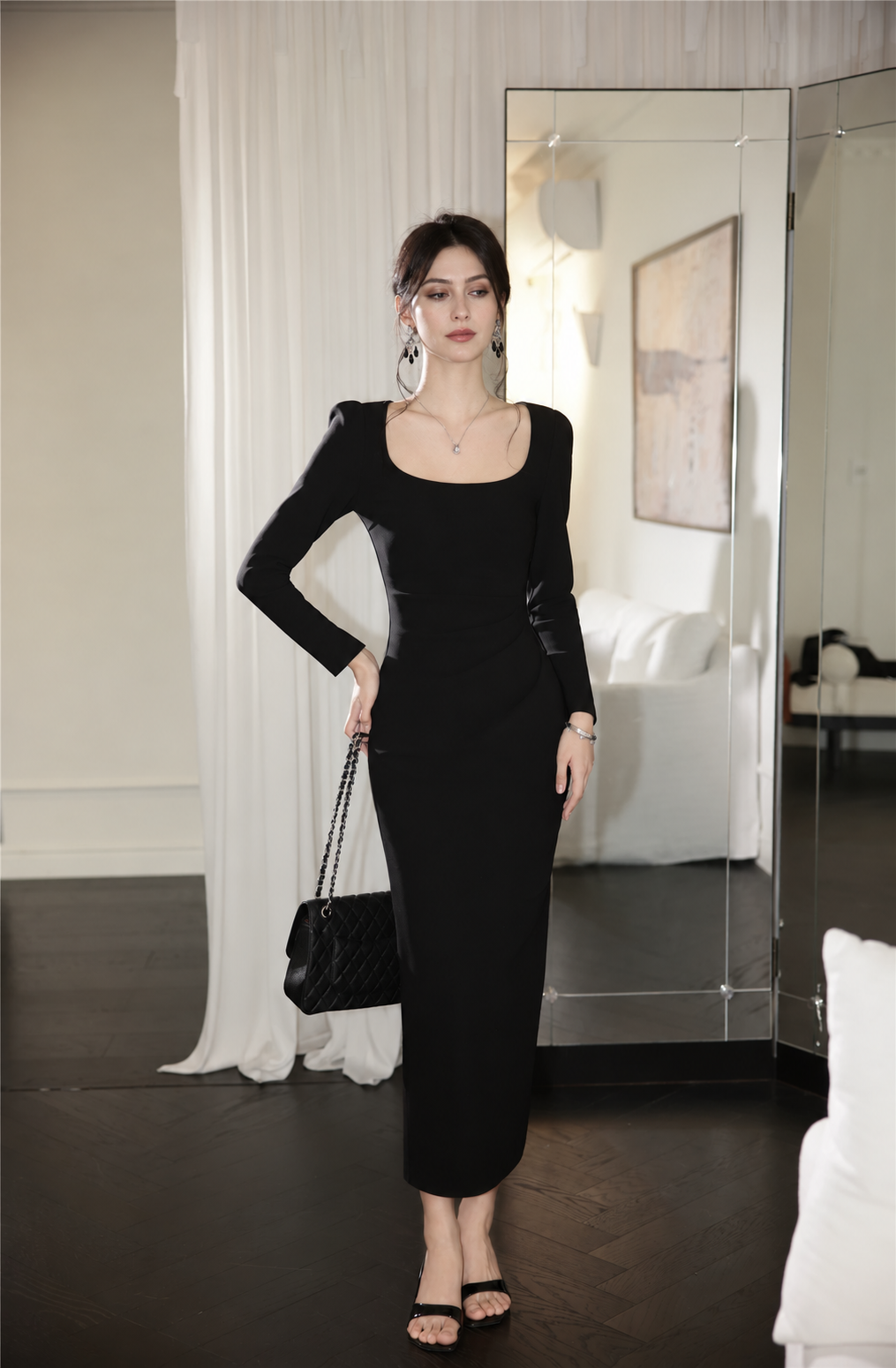 Long-Sleeve Ruched Cocktail Dress - Multiple Styles - Black / Square-Neck Long