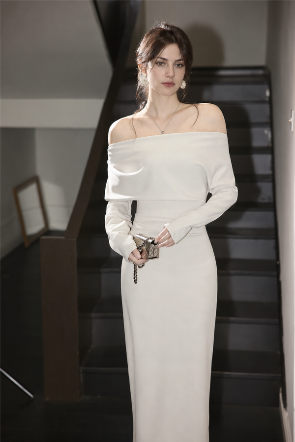 Long-Sleeve Ruched Cocktail Dress - Multiple Styles - Grey Almond / Off-Shoulder Long