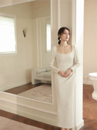 Long-Sleeve Ruched Cocktail Dress - Multiple Styles - Grey Almond / Square-Neck Long