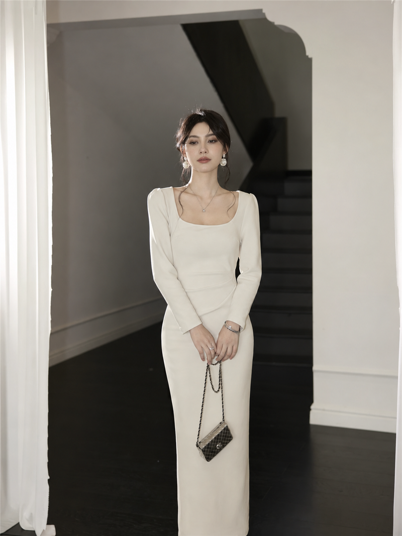 Long-Sleeve Ruched Cocktail Dress - Multiple Styles - Grey Almond / Square-Neck Long