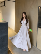 Lace-Trim Twist V-Neck Long-Sleeve Maxi Dress, milk tea, front view