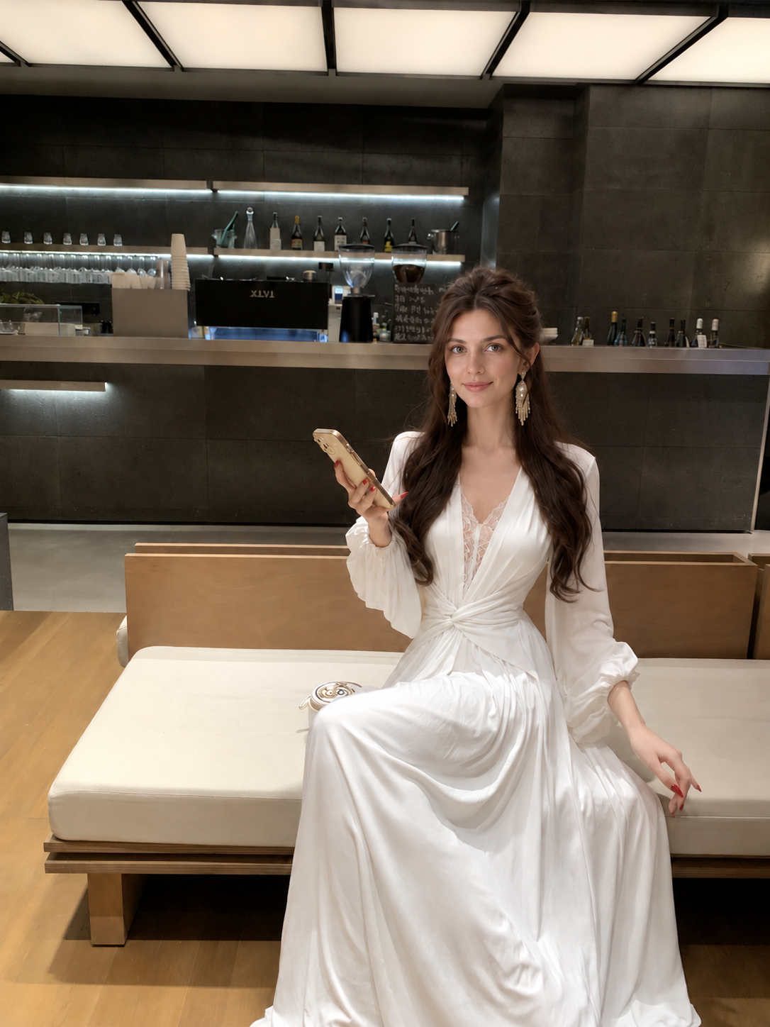 Lace-Trim Twist V-Neck Long-Sleeve Maxi Dress, white, additional view