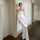 White Ruched Satin Evening Gown with Lace Sleeves — White — view 1