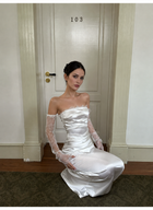 White Ruched Satin Evening Gown with Lace Sleeves — White — view 2