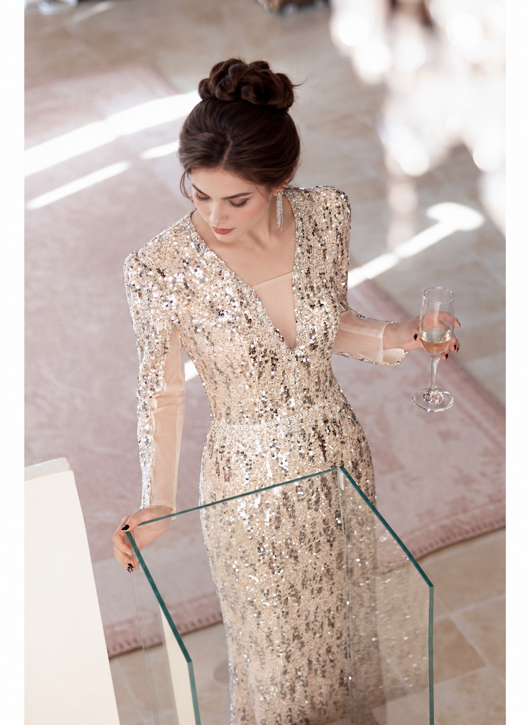 Long-Sleeve Sequin Mermaid Maxi Dress - Champagne