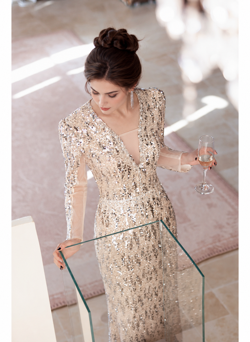 Long-Sleeve Sequin Mermaid Maxi Dress - Champagne