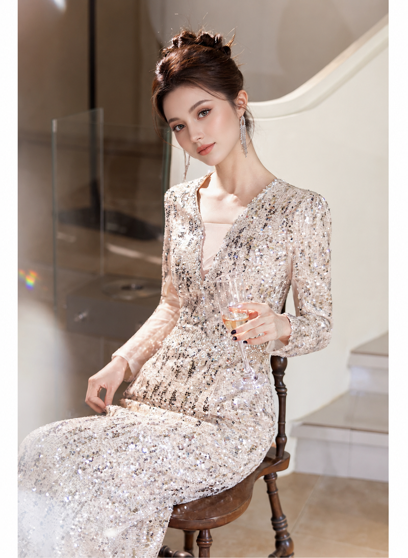 Long-Sleeve Sequin Mermaid Maxi Dress - Champagne