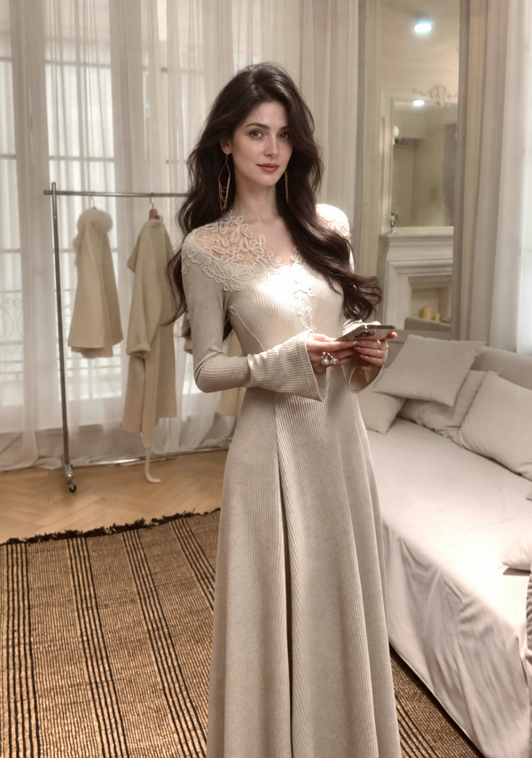 Oatmeal Lace-Neck Long-Sleeve A-Line Knit Dress, oatmeal, front view
