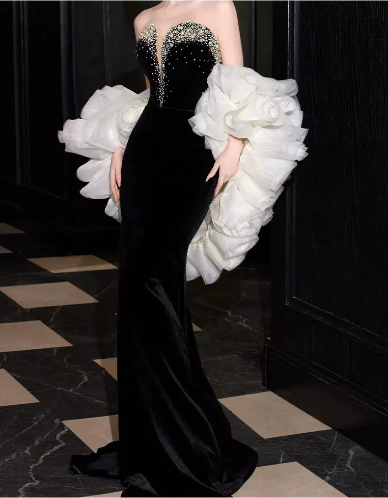 Black Strapless Mermaid Evening Gown - garment detail