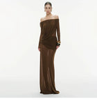 Off-Shoulder Ruched Mesh Evening Maxi Dress, brown, front view