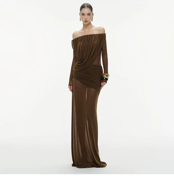 Off-Shoulder Ruched Mesh Evening Maxi Dress, brown, front view