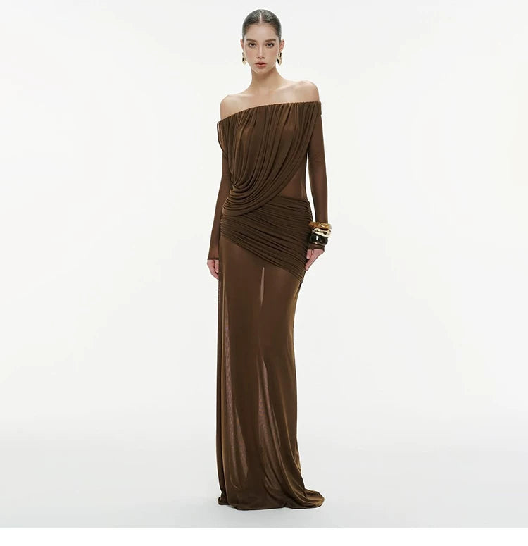 Off-Shoulder Ruched Mesh Evening Maxi Dress