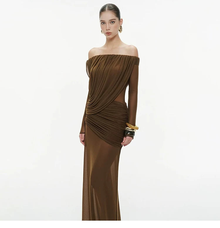 Off-Shoulder Ruched Mesh Evening Maxi Dress, brown, additional view