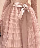 Pink Off-Shoulder Lace Tiered Party Maxi Dress - garment detail
