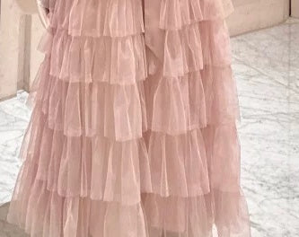 Pink Off-Shoulder Lace Tiered Party Maxi Dress - garment detail