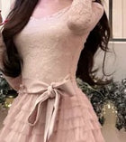 Pink Off-Shoulder Lace Tiered Party Maxi Dress - garment detail