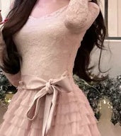 Pink Off-Shoulder Lace Tiered Party Maxi Dress - garment detail