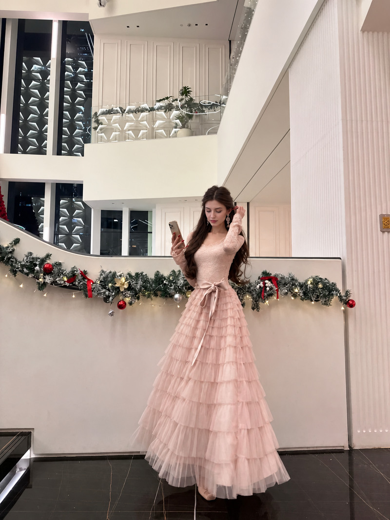 Pink Off-Shoulder Lace Tiered Party Maxi Dress - Pink
