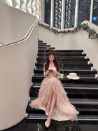 Pink Off-Shoulder Lace Tiered Party Maxi Dress - Pink