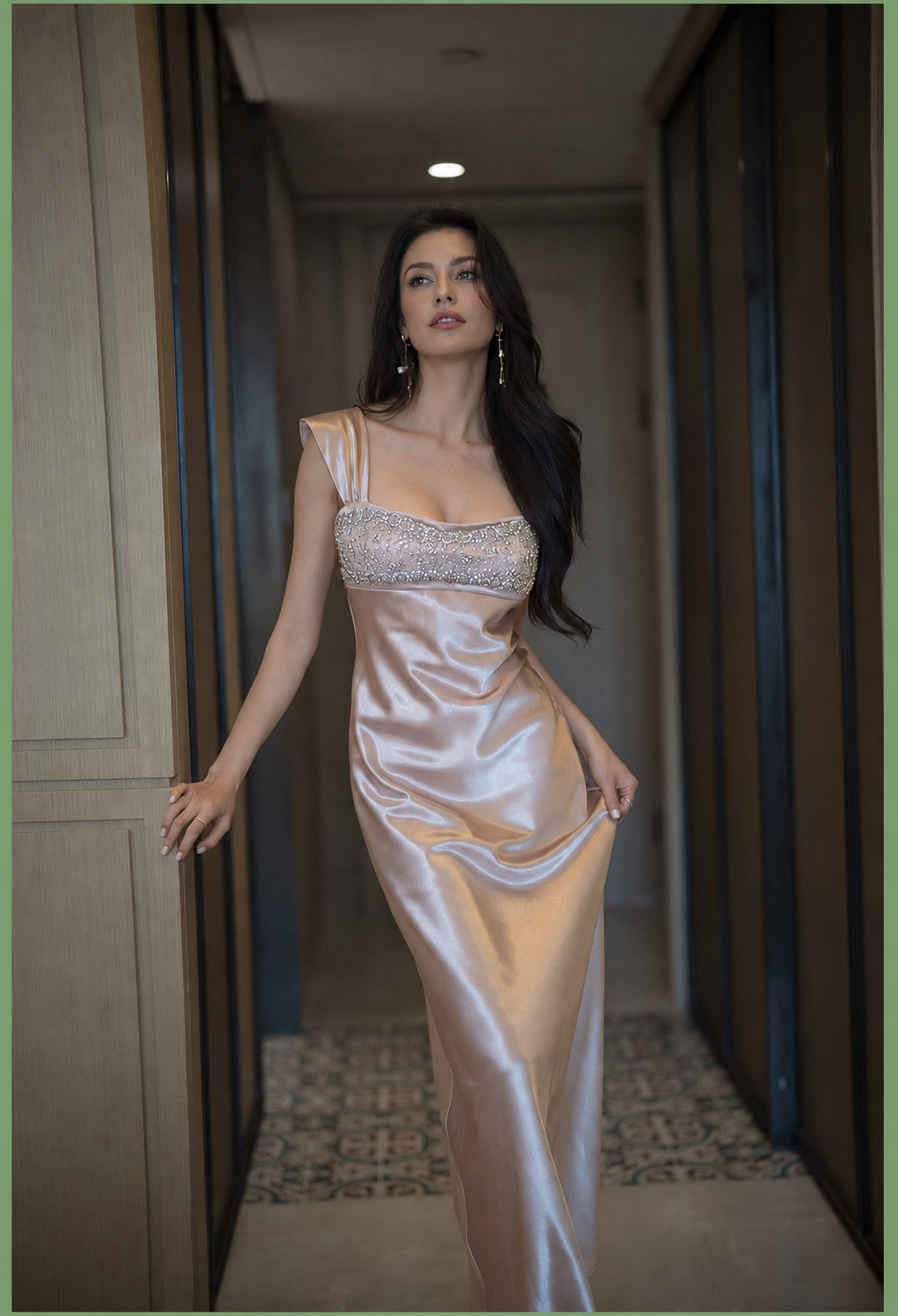Beaded-Neckline Satin Midi Dress — Blush Pink — view 5