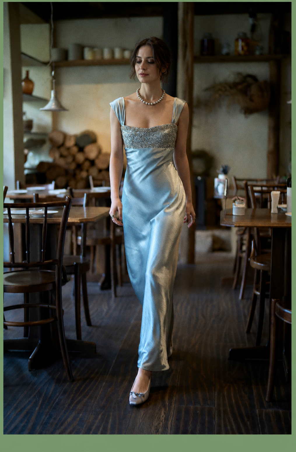Beaded-Neckline Satin Midi Dress — Blue — view 1