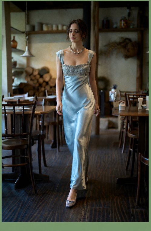 Beaded-Neckline Satin Midi Dress — Blue — view 1