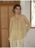 French Ruffle Neck Tencel Linen Long Sleeve Blouse