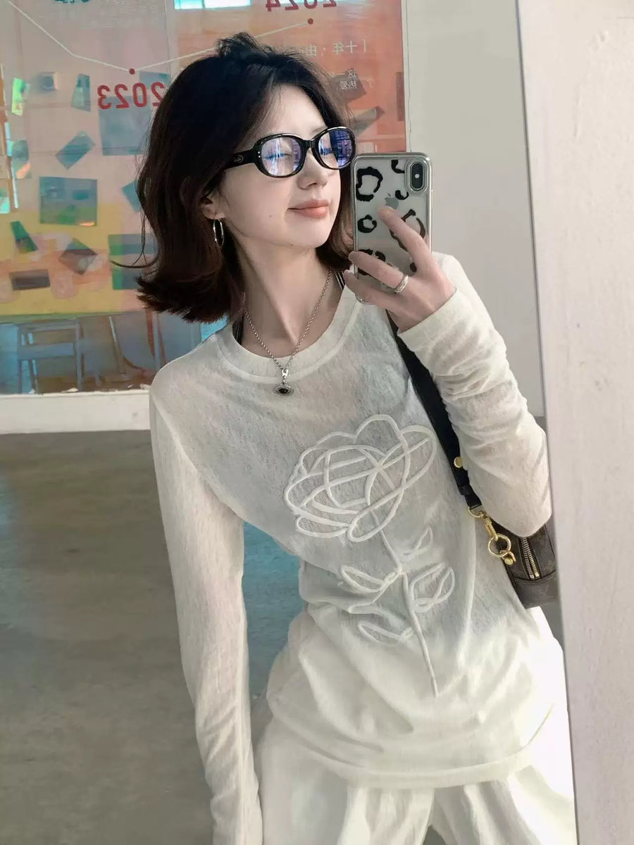 立体印花长袖T恤女设计感小众显瘦弹力薄款防晒罩衫微透网纱上衣