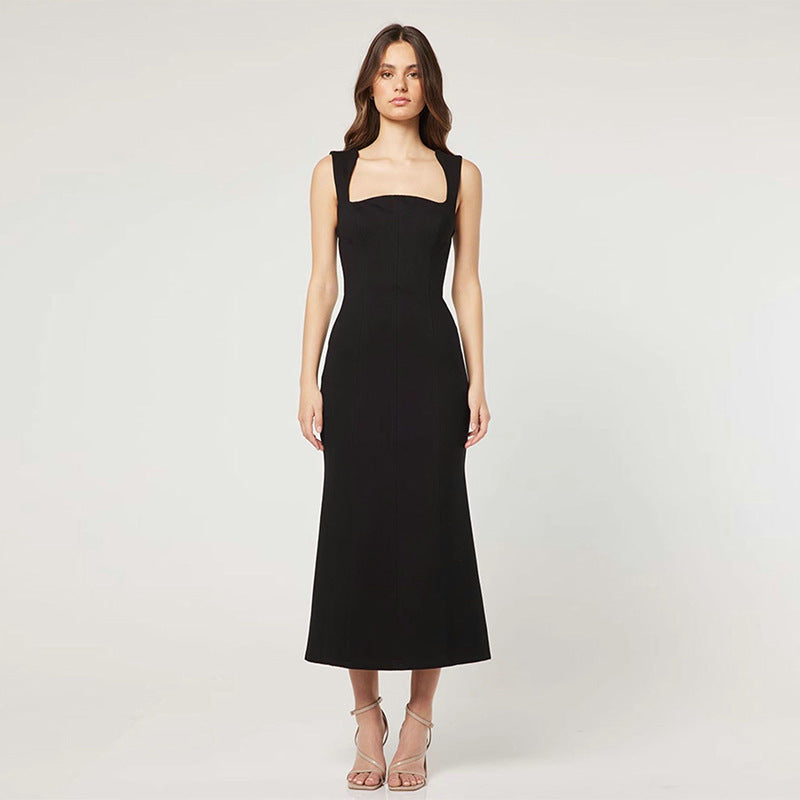 Black Square-Neck A-Line Midi Dress