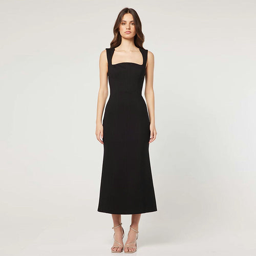 Black Square-Neck A-Line Midi Dress