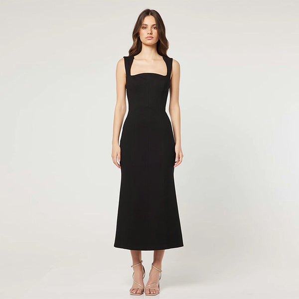 Black Square-Neck A-Line Midi Dress