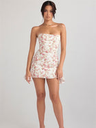 Women's Strapless Evening Dress with Open Back - Pink Print