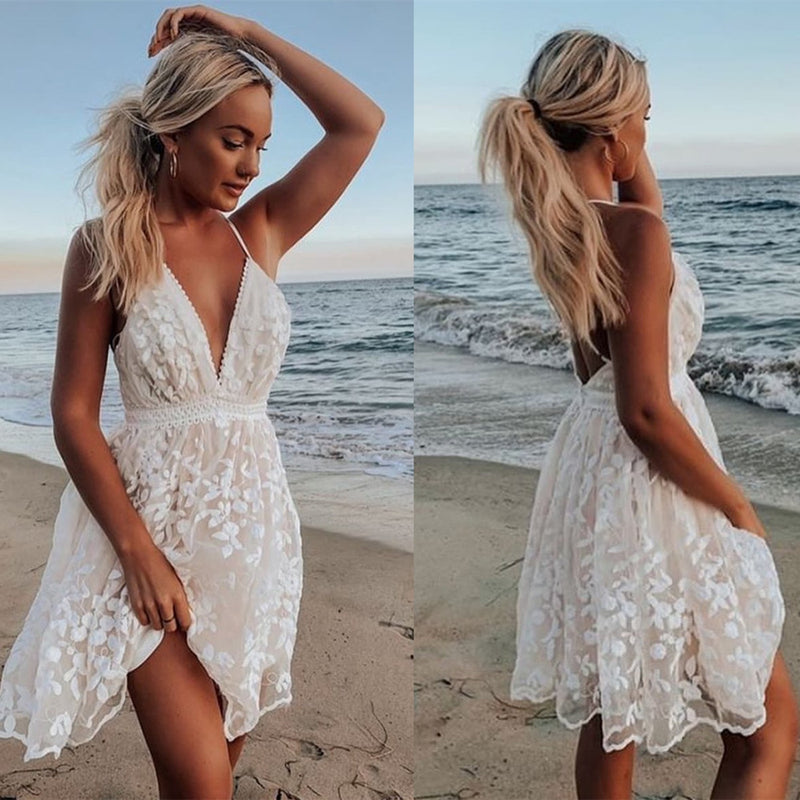 Women's Deep V-Neck Lace Cover-Up Dress with Open Back