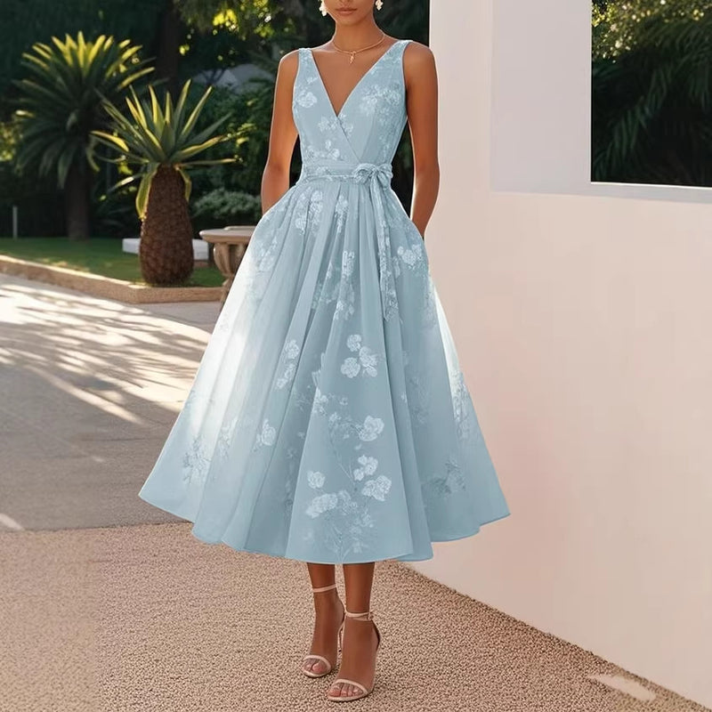 Women's V-Neck Sleeveless Floral Evening Dress