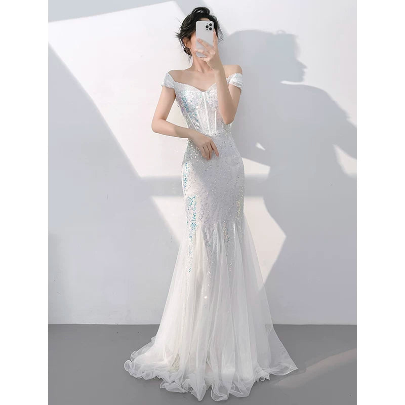 Off-Shoulder Sequin Corset Mermaid Prom Dress — White — view 5