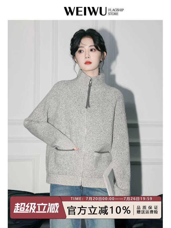双拉链高领毛衣外套女秋冬2026秋季新款软糯加厚立领针织开衫上衣