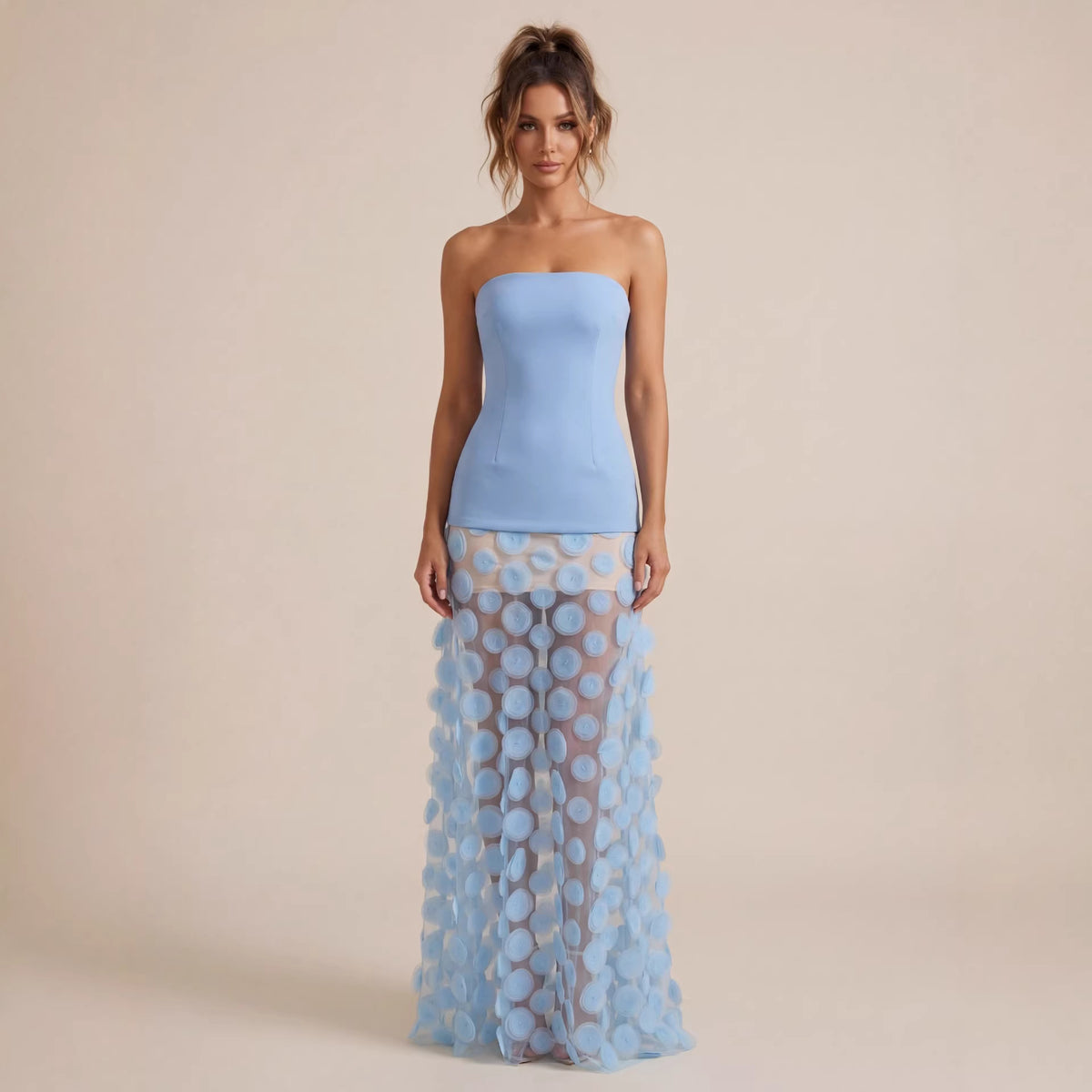 Women's Strapless Mesh 3D Floral Evening Dress