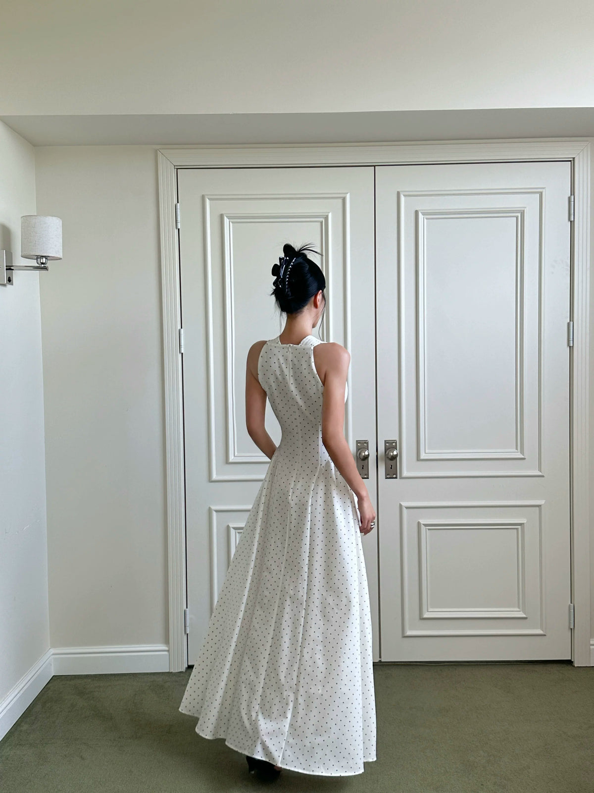 White Polka Dot Plunge Halter Maxi Dress - detail or back view