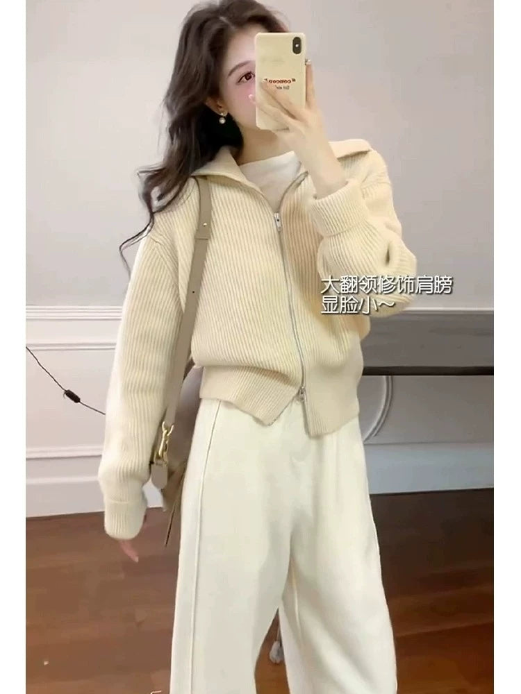 慵懒风双拉链翻领针织开衫女秋冬加厚高级感软糯毛衣外套短款上衣