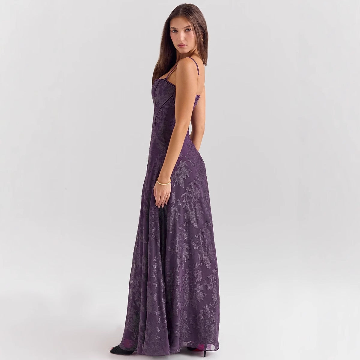 Floral Lace Appliqué Tulle Evening Gown