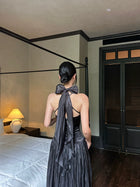 Scarf-Neck Pleated Satin Maxi Dress - detail or back view