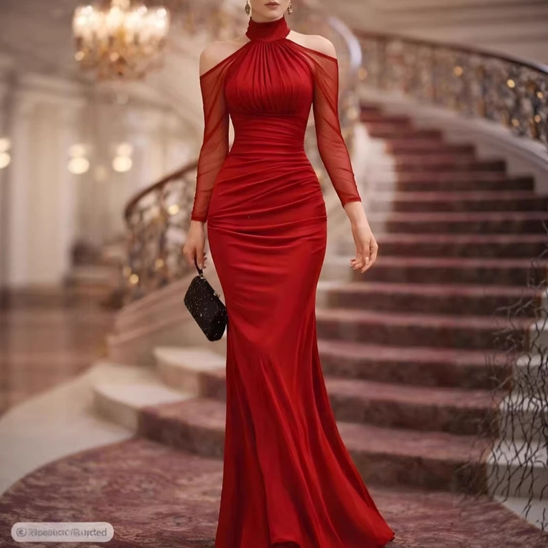 Women's Halter Long-Sleeve Tulle Maxi Evening Dress