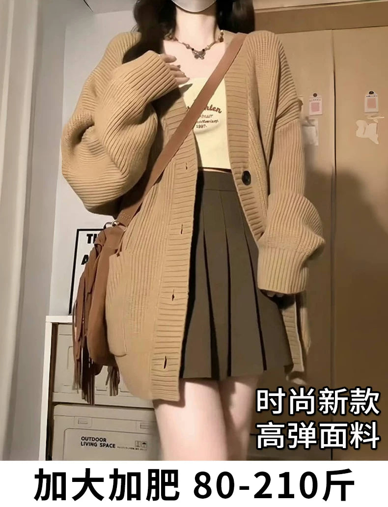 大码慵懒风软糯毛衣外套女针织开衫小个子学院风穿搭上衣胖mm秋冬